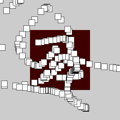 Large spotted red square in the center of a gray image with small white squares scattered about